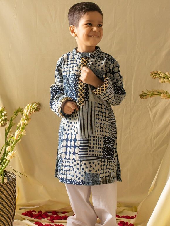 Blue Hand Block Printed Cambric Cotton Kurta with Pajama - Set of 2