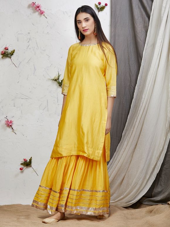 Buy Yellow Gota Chanderi Kurta with Cotton Modal Sharara and Pink ...