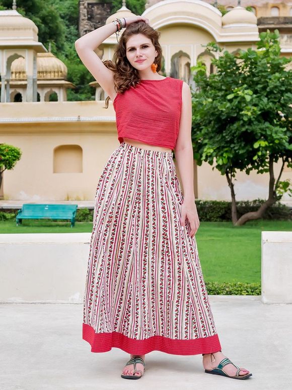 Red Cotton Crop Top with White Hand Block Printed Skirt- Set of 2