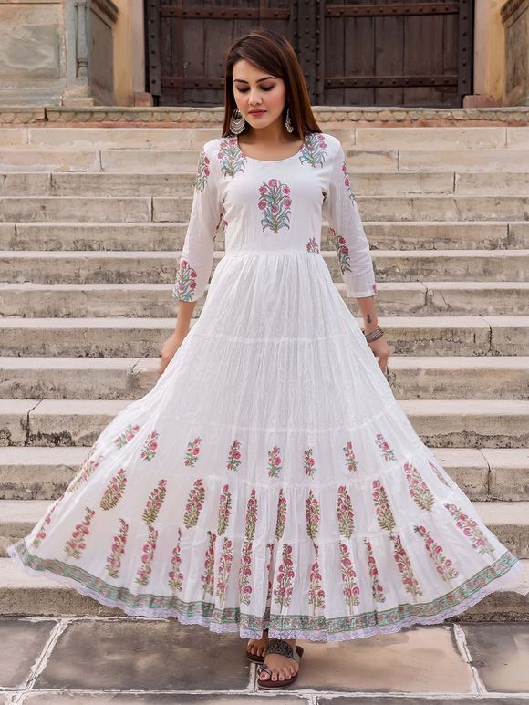 White Hand Block Printed Cotton Tiered Dress with Chanderi Dupatta- Set of 2