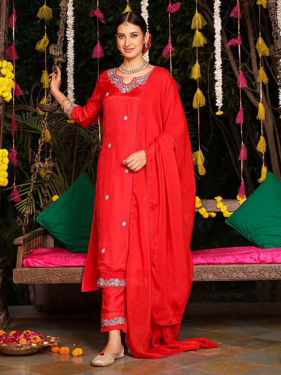 Red Embroidered Muslin Suit - Set of 3