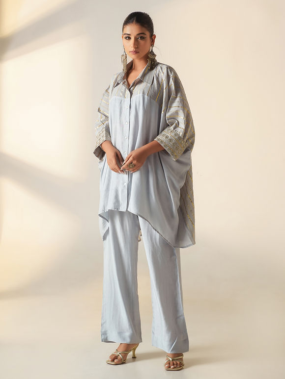 Grey Embroidered Cotton Lurex Co-ord Set- Set of 2