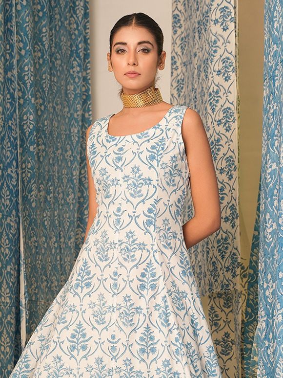 White Blue Hand Block Printed Cotton Dress
