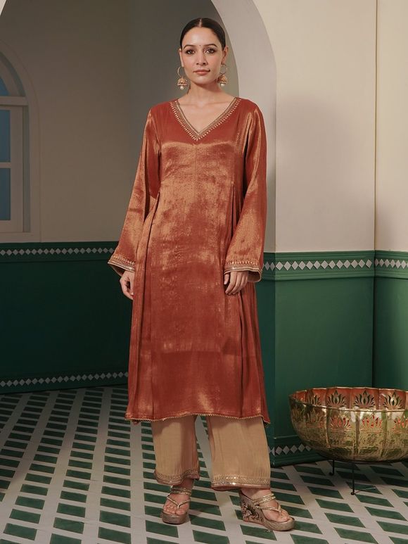 Rust Aari Embroidered Tissue Shimmer Kurta with Pants- Set of 2