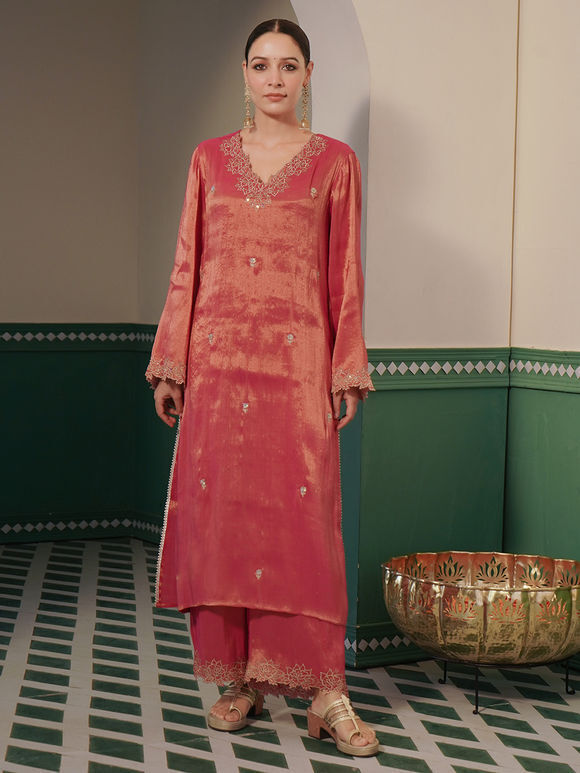 Pink Aari Embroidered Tissue Kurta with Pants- Set of 2