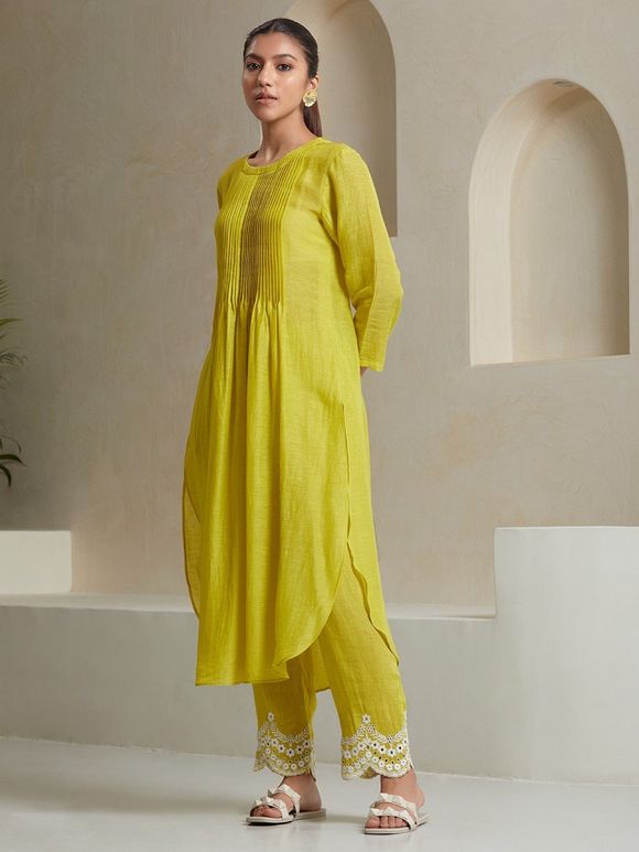 Yellow Pleated Linen Kurta with Cotton Pants- Set of 2