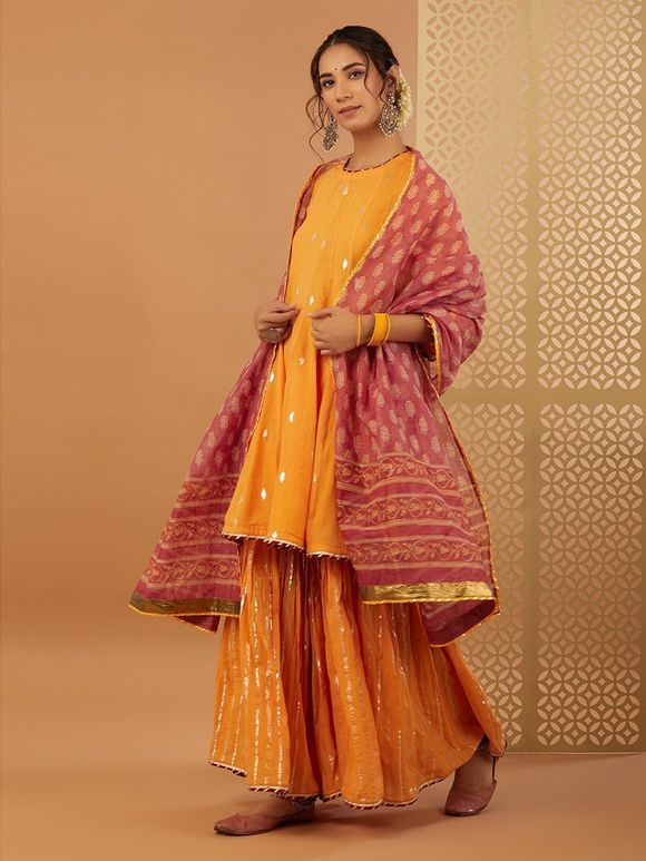 Orange Gota Work Cotton Anarkali Kurta with Sharara and Maroon Hand Block Printed Chanderi Dupatta- Set of 3