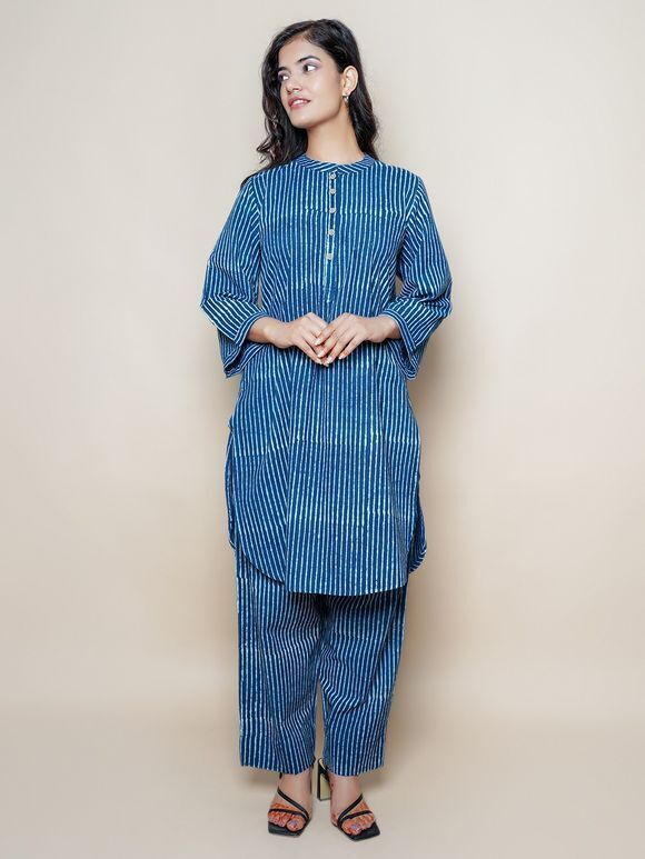 Blue Printed Cotton Co-ord Set- Set of 2