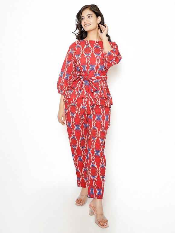 Red Printed Cotton Co-ord Set- Set of 2