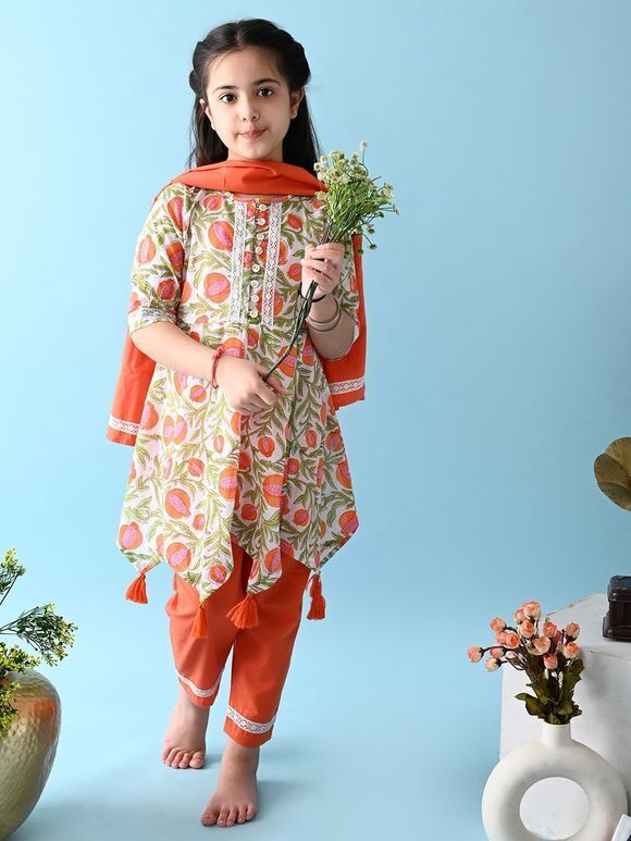 White Orange Hand Block Printed Cotton Anarkali Suit- Set of 3