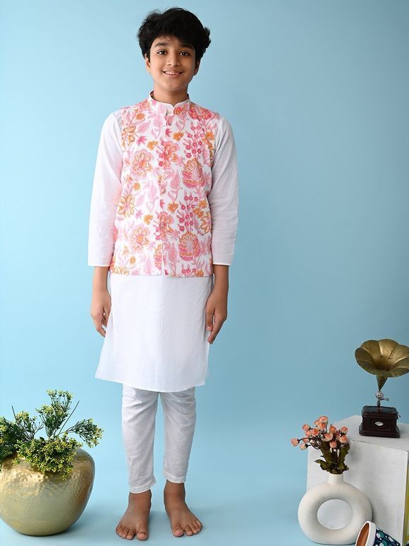 White Cotton Kurta with Pink Hand Block Printed Jacket and Pants- Set of 3