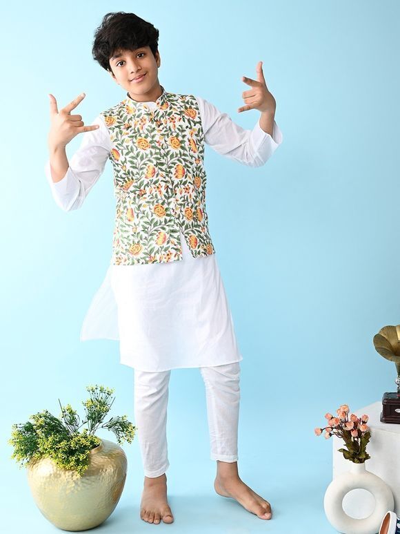 White Cotton Kurta with Green Hand Block Printed Jacket and Pants- Set of 3