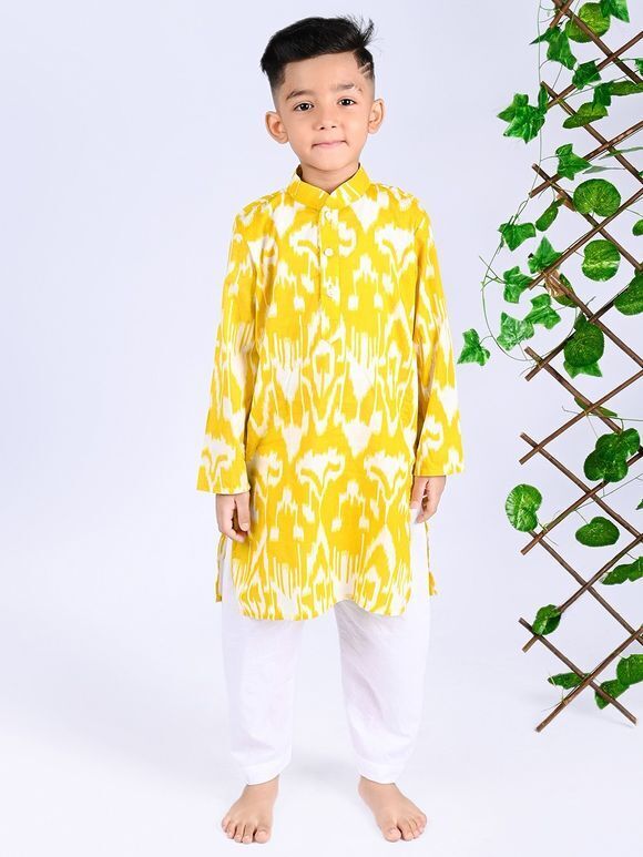 Yellow Ikat Printed Cotton Kurta with Pants- Set of 2