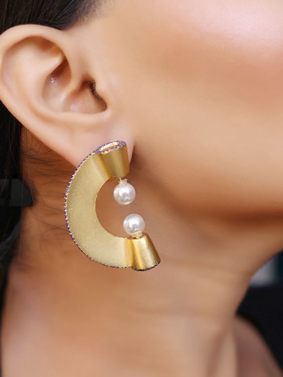 Gold Toned White Handcrafted Brass Pearl Earrings