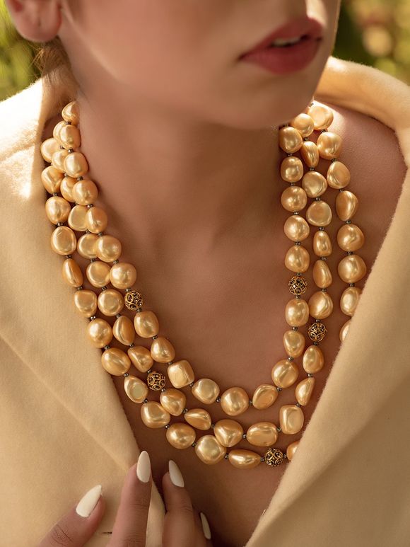 Golden Handcrafted Pearl Beaded Layered Necklace with Earrings - Set of 2