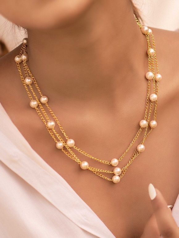 Gold Toned White Handcrafted Pearl Necklace