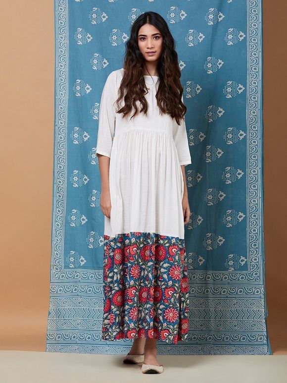 White Blue Red Hand Block Printed Rayon Dress