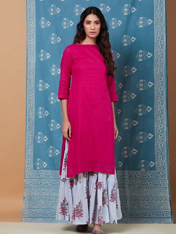 Pink Cotton Kurta with Powder Blue Hand Block Printed Sharara and Dupatta - Set of 3