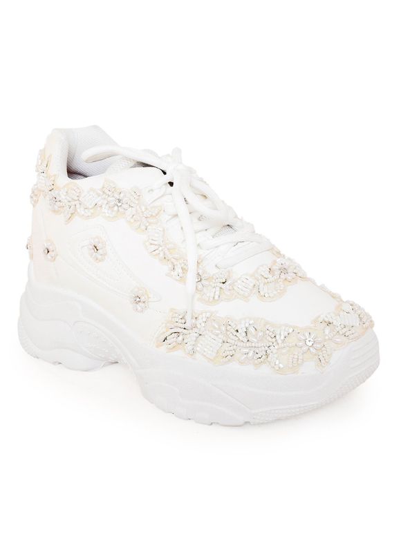 White Pearl Work Faux Leather Sneakers