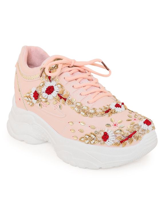 Pink Embroidered Faux Leather Sneakers