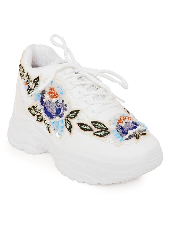 White Blue Hand Embroidered Faux Leather Sneakers