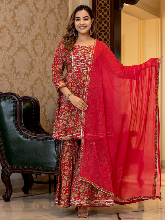 Red Printed Cotton Sharara Suit- Set of 3