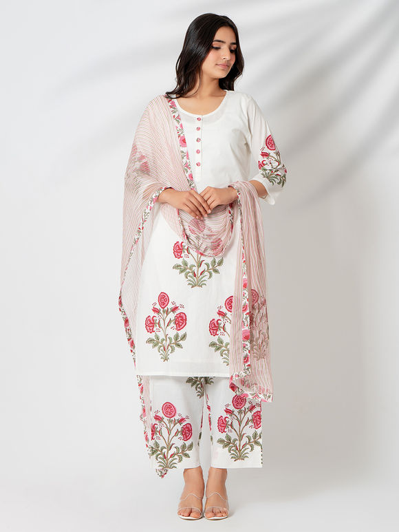 White and Lavender Block Printed Cotton Suit Set