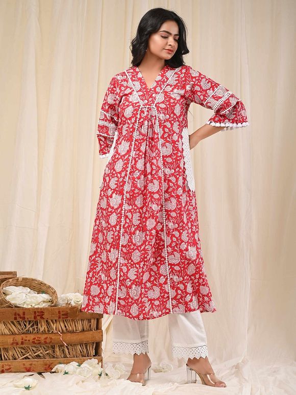 Buy Pink White Hand Block Printed Cotton Suit - Set of 3