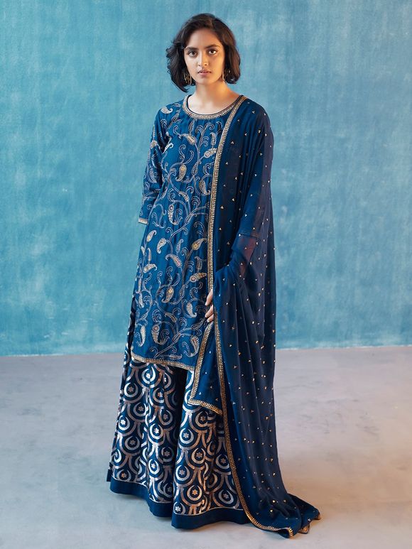 Navy Blue Hand Embroidered Silk Sharara Suit- Set of 3