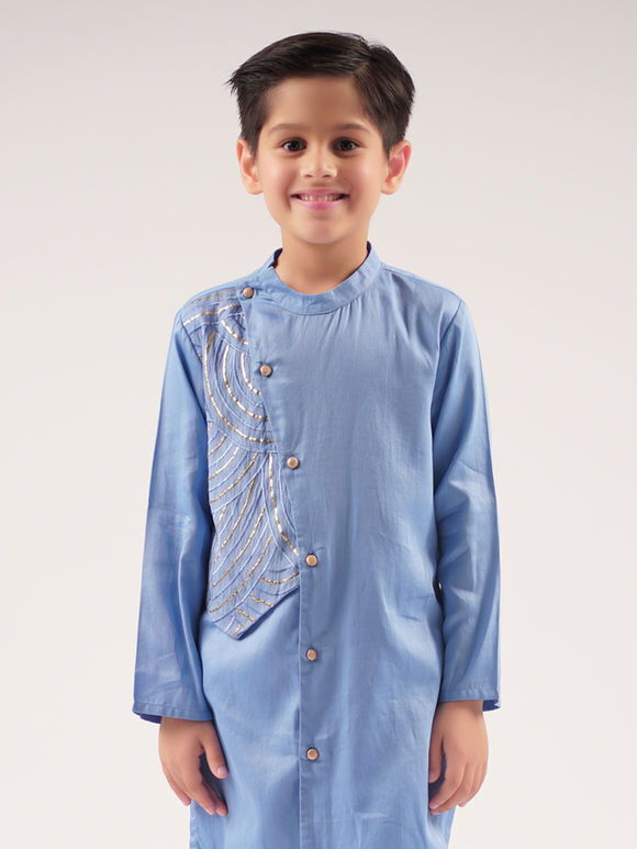 Blue Embroidered Cotton Satin Kurta with Pants- Set of 2