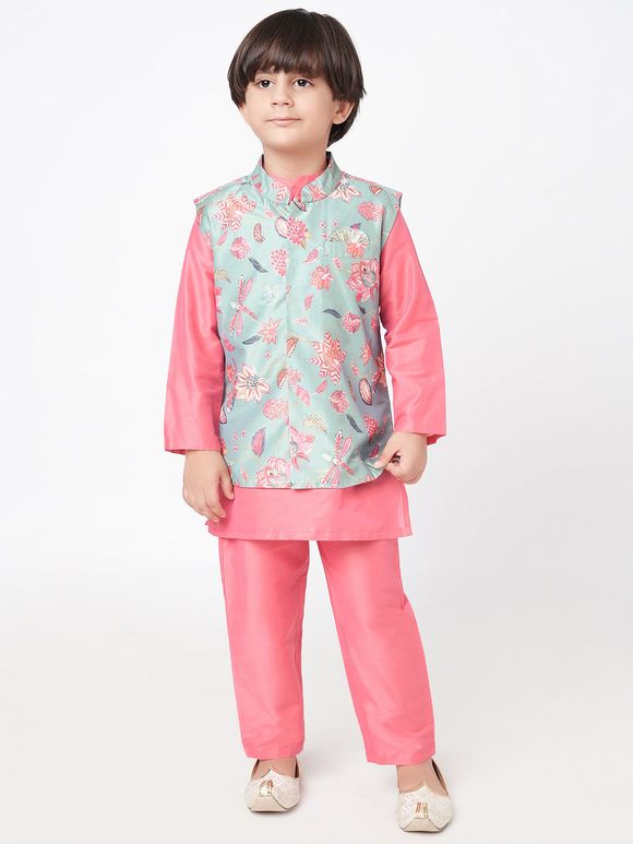 Pink Cambric Cotton Kurta with Printed Jacket and Pants- Set of 3