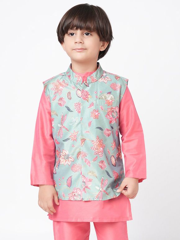 Pink Cambric Cotton Kurta with Printed Jacket and Pants- Set of 3