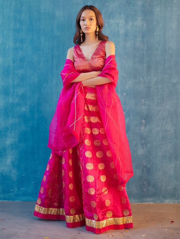 Pink Handwoven Tissue Banarasi Lehenga Set - Set of 3