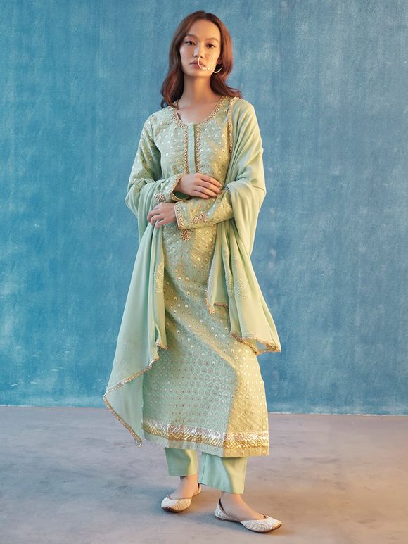 Mint Green Hand Embroidered Cotton Banarasi Suit - Set of 3