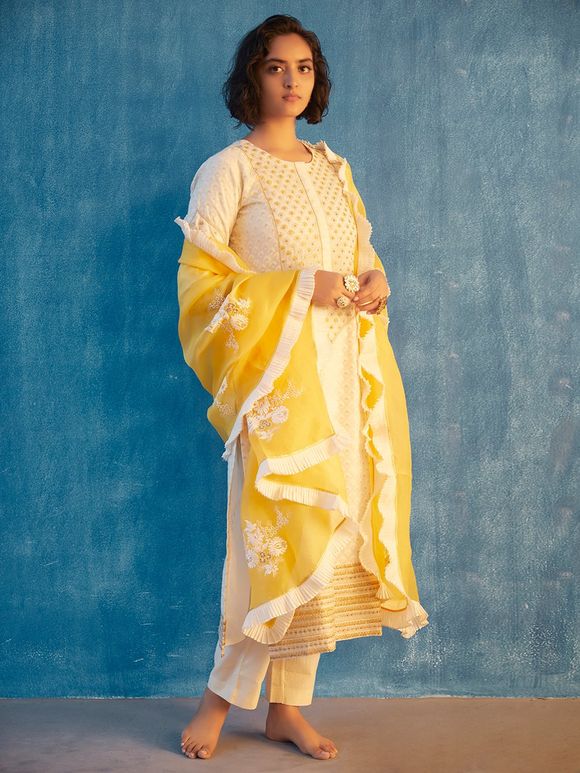 Ivory Hand Embroidered Cotton Banarasi Suit - Set of 3
