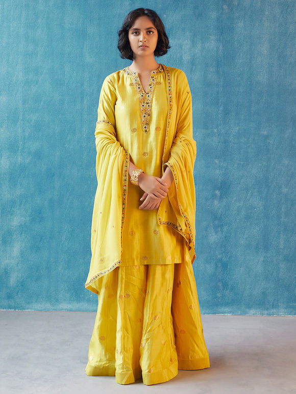 Yellow Hand Embroidered Georgette Silk Banarasi Sharara Suit- Set of 3