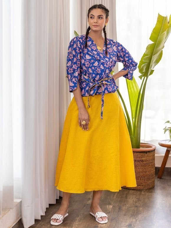 Blue Hand Block Printed Cotton Wrap Top with Yellow Skirt - Set of 2