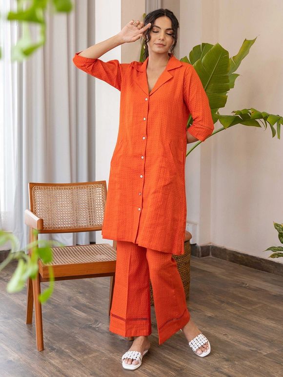 Orange Cotton Shirt Kurta with Pants - Set of 2