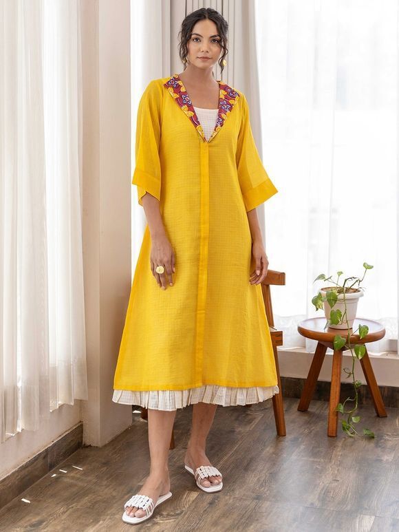 Yellow Hand Block Printed Cotton Blend A-Line Dress with Off White Inner