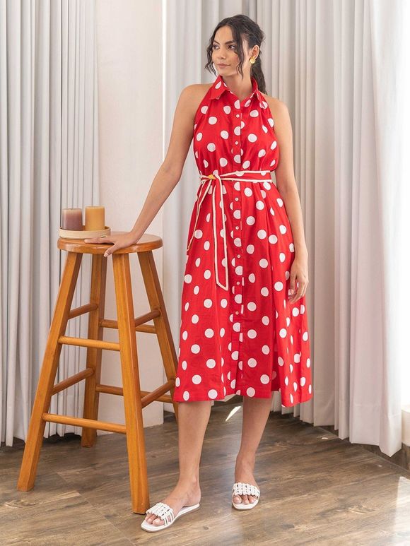 Red Hand Block Printed Cotton Dress with Belt