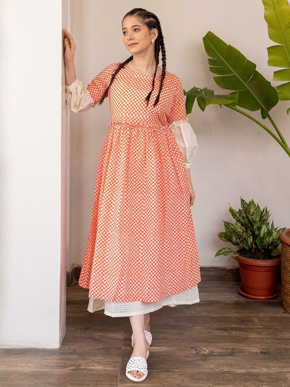 Orange Hand Block Printed Cotton Dress with Off White Inner