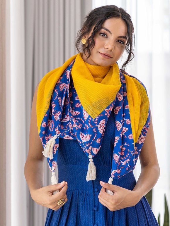 Yellow Blue Hand Block Printed Cotton Blend Scarf