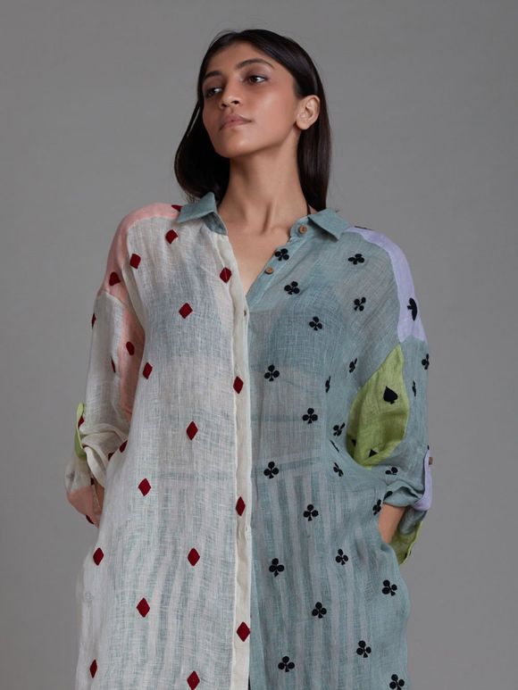 Multicolor Thread Embroidered Linen Shirt Tunic with Black Cotton Bralette- Set of 2
