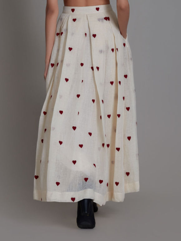 Off White Red Thread Embroidered Linen Skirt