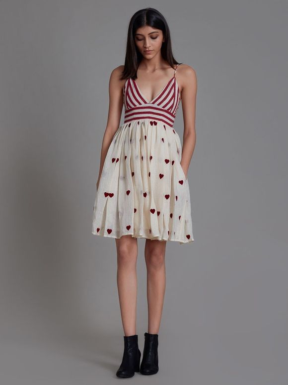 Off White Red Hand Block Printed Cotton Linen Embroidered Dress
