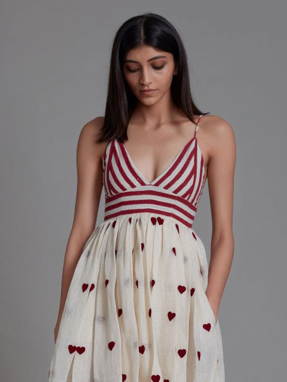 Off White Red Hand Block Printed Cotton Linen Embroidered Dress