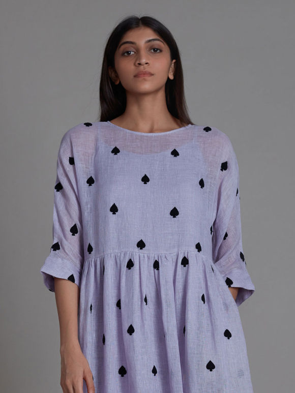 Lavender Thread Embroidered Linen Dress with Cotton Inner