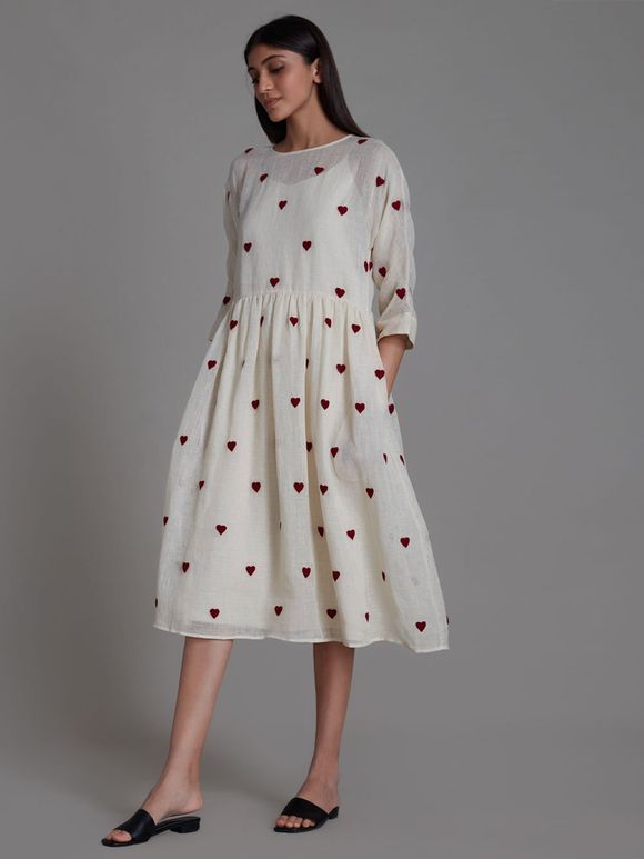 Off White Red Thread Embroidered Linen Dress with Cotton Inner