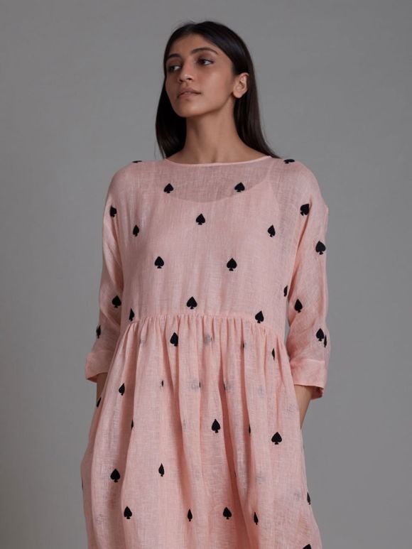 Pink Thread Embroidered Linen Dress with Cotton Inner