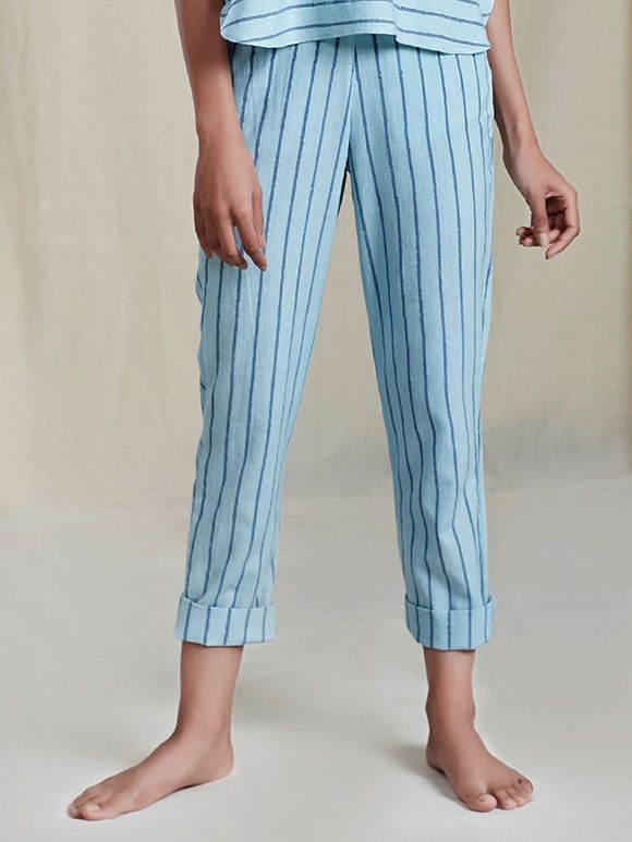 Blue Handwoven Cotton Striped Pants